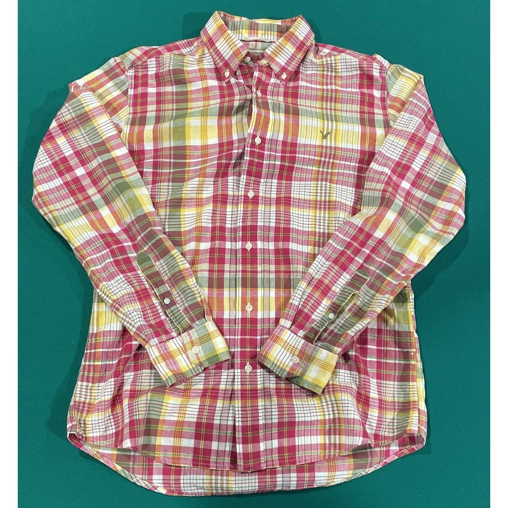 American Eagle Pink Yellow Madras Plaid Long Sleeve Button Up Shirt Medium